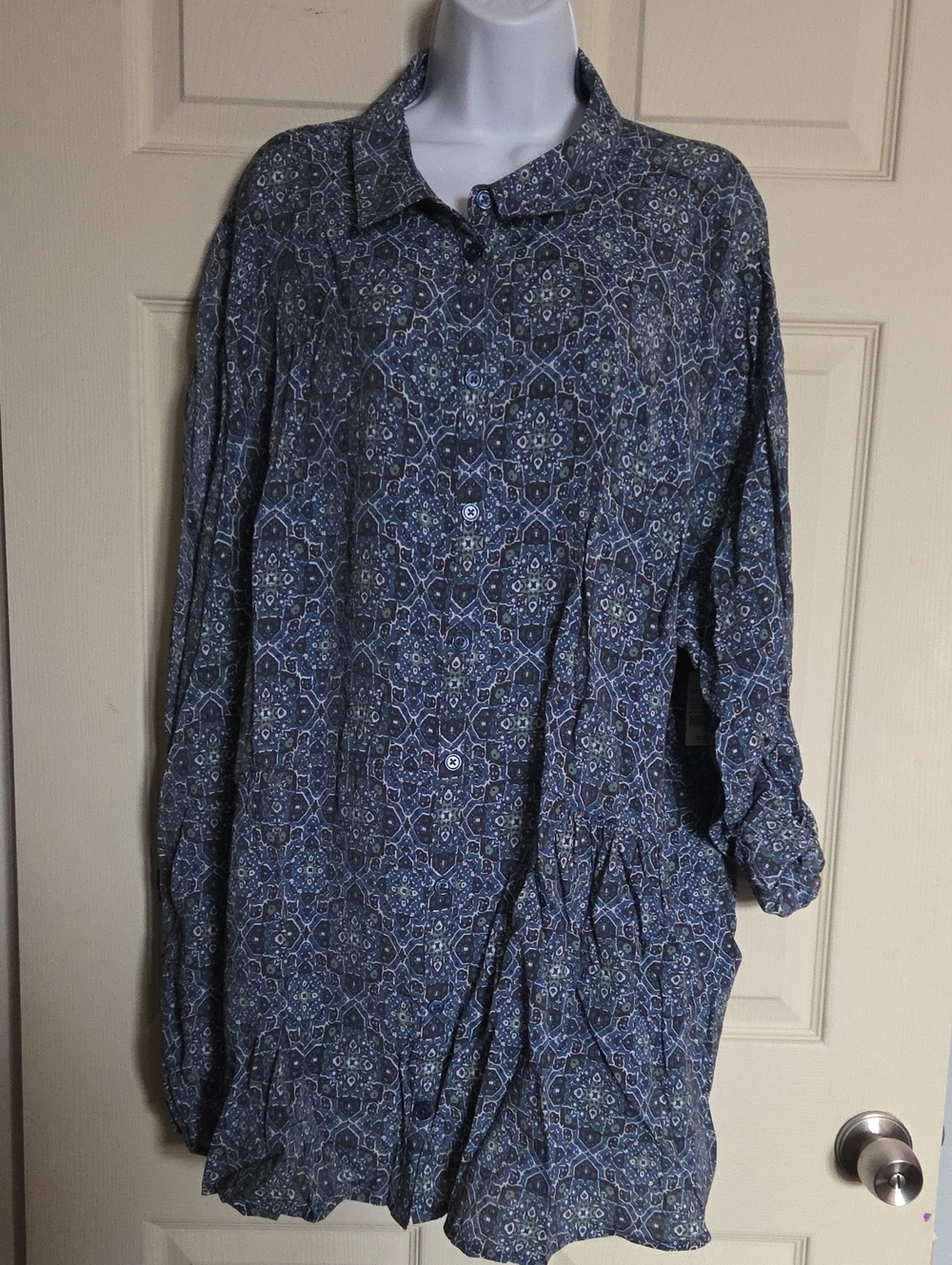 Catherines Blue Patterned Button-Up Tunic Shirt Size 3X NWT